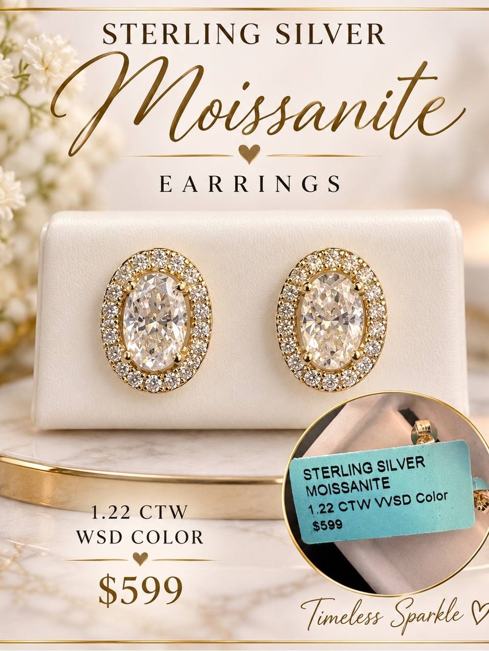 Sterling Silver Moissanite Oval Halo Earrings in Gold